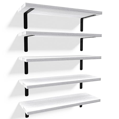 RICHER HOUSE Floating Wall Shelves, Rustic Wood Bathroom Shelves Set of 5, Farmhouse Style Shelf for Décor, Hanging Bedroom, Storage, Kitchen, Living Room - White - White - 5 Pcs:16.52in