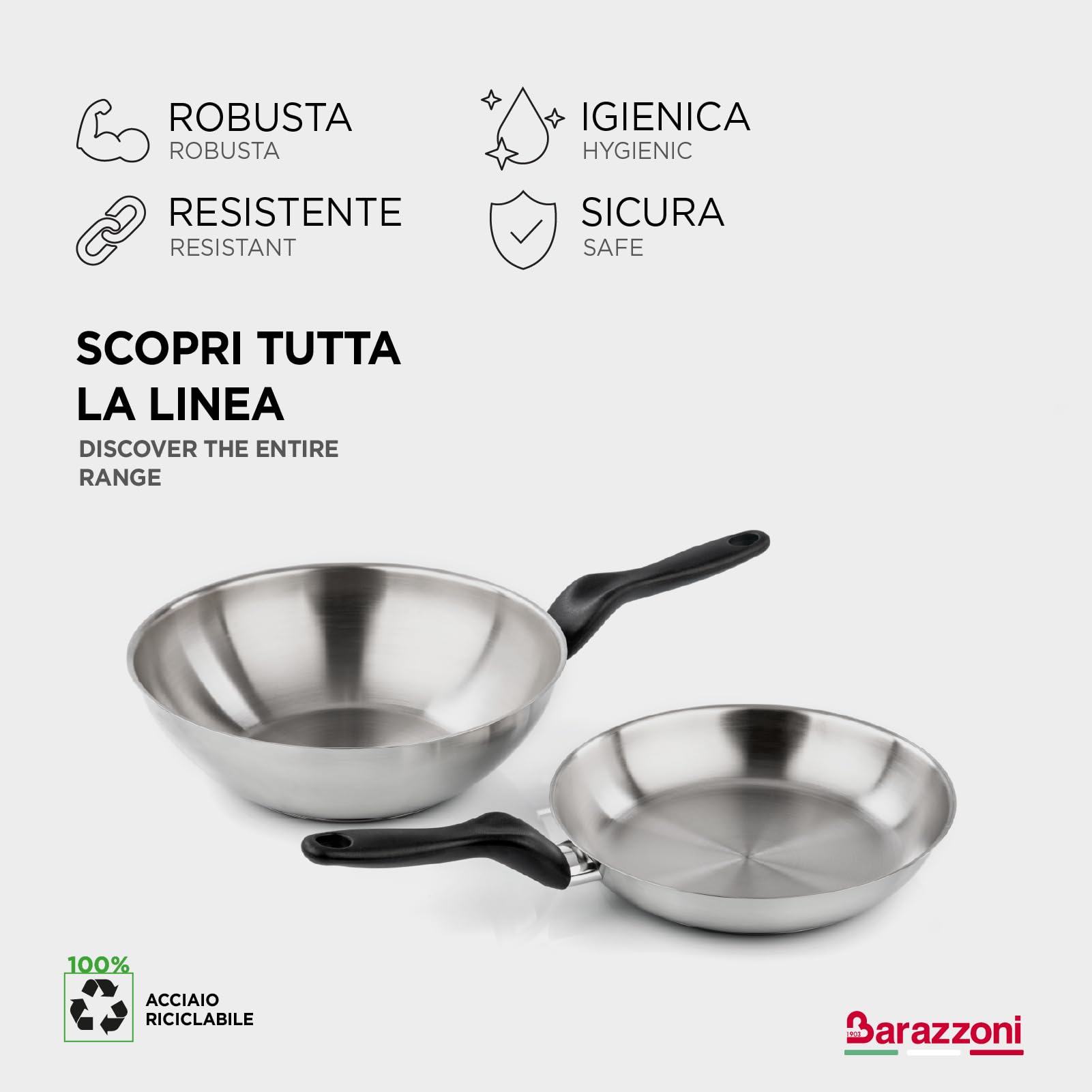 Barazzoni Le Inoxidabili Padella, ø24 cm, Made in Italy, Acciaio Inox 18/10, Induzione+Gas, Triplo fondo, PFAS free
