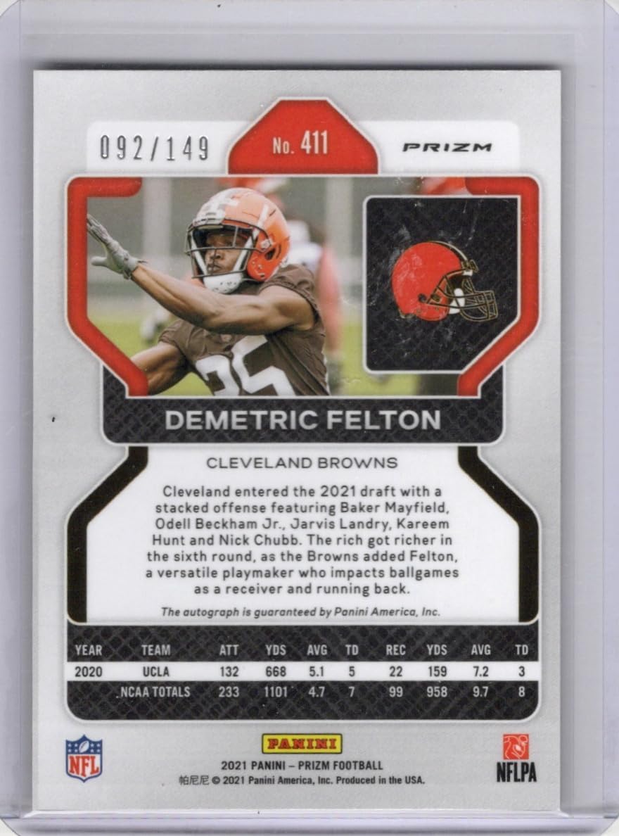 Demetric Felton Autographed & Serial Numbered #092/149 Red Wave Parallel Prizm Rookie Card Collectible Football Card - 2021 Panini Prizm Rookie Football Card #411 (Browns)