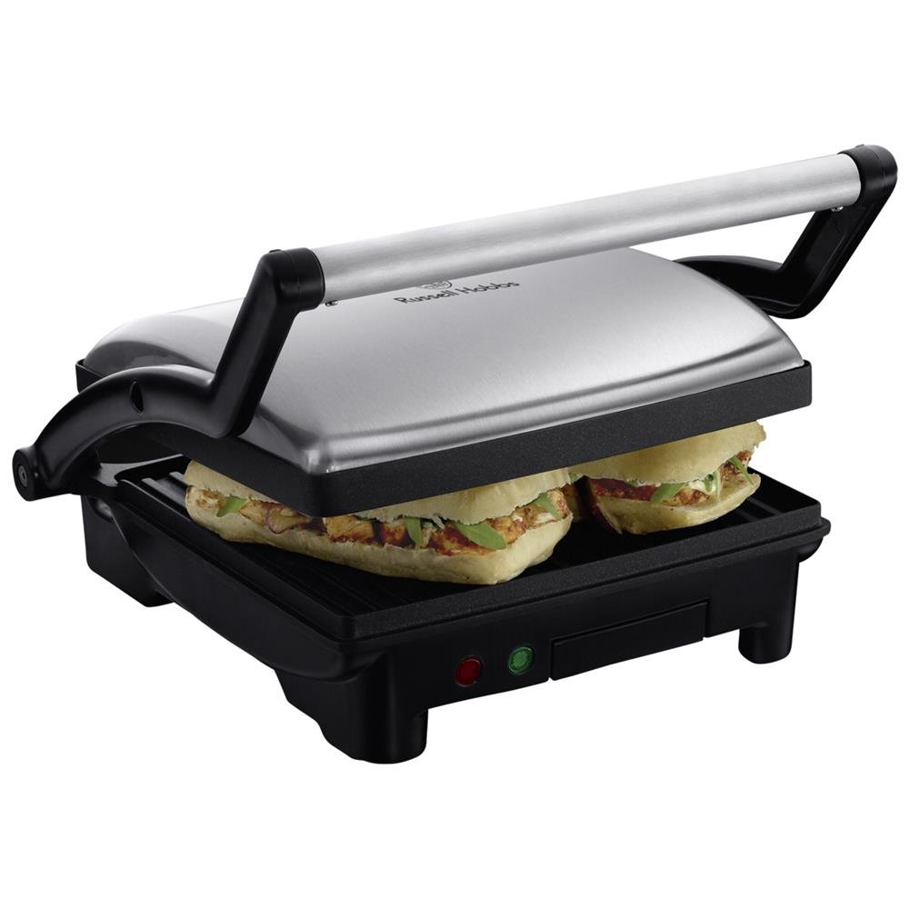 Russell Hobbs Kontaktgrill [3-in-1: Tischgrill - geöffnete Grillplatten | Panini & Sandwich Maker | Kontakt- Grill - gleichzeitig von beiden Seiten] antihaftbeschichtete Platten, Edelstahl/Schwarz