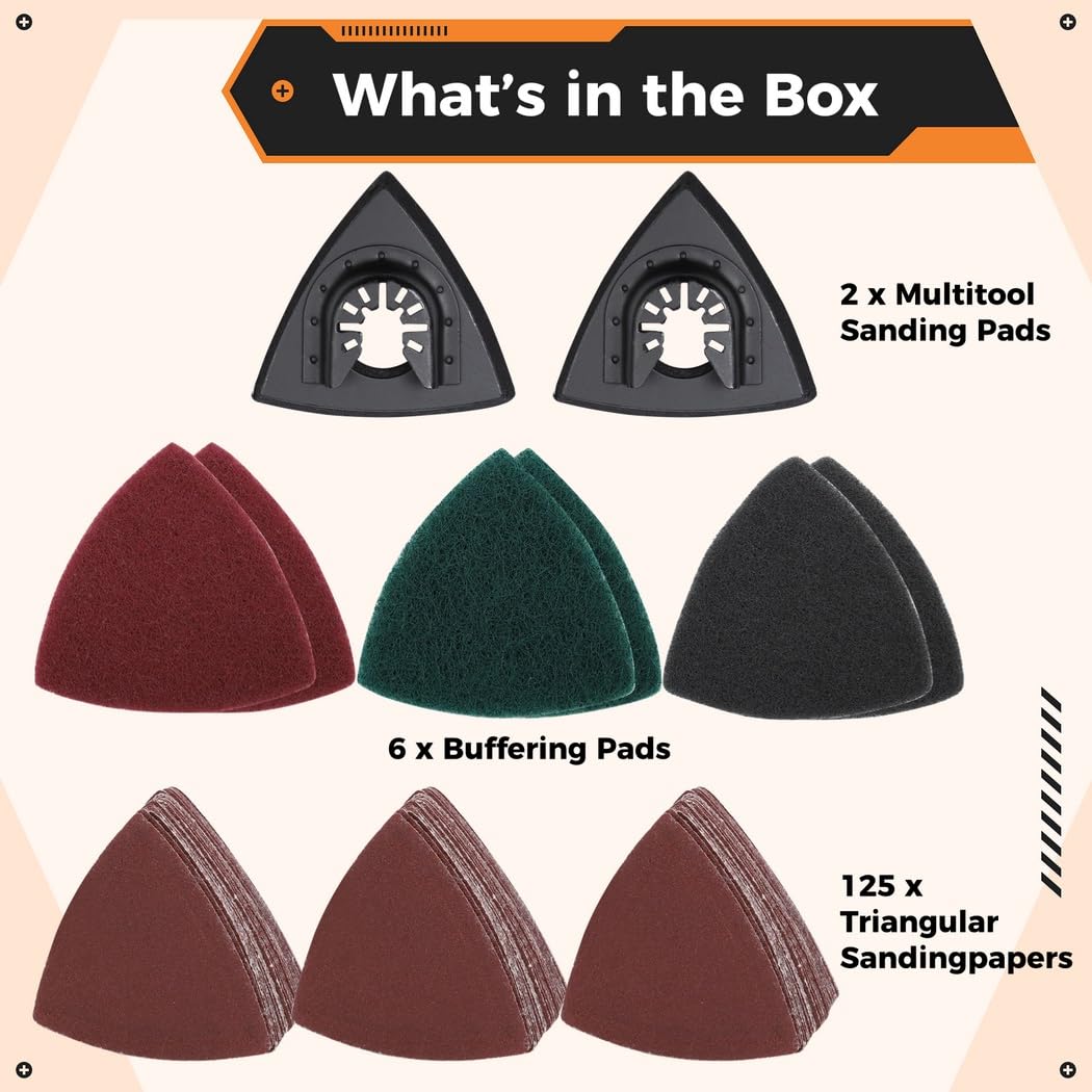 Triangular Sanding Discs Kit of 133 Pcs, Fine Mouse Sandpaper with 125 Triangular Sanding Paper, Detail Sanding Pads, 6 Buffing Pads
