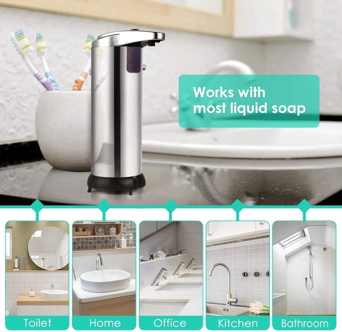 Kgihope Soap Dispenser, Touchless Automatic Soap Dispenser, Upgraded Waterproof Base Infrared Motion Sensor Stainless Steel Dish Liquid Hands-Free Auto Hand Soap Dispenser