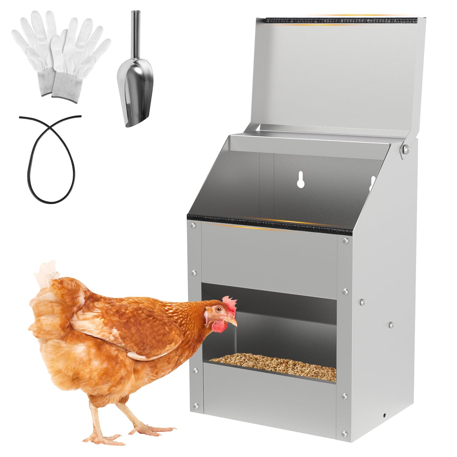 5kg Futterautomat Hühner, verzinkter Stahl, Hühnerfutter Automat rattensicher, wasserfest – Hühner Futterautomat für Stall/Freiland, inkl. Handschuhe, Löffel, Kratzschutzstreifen