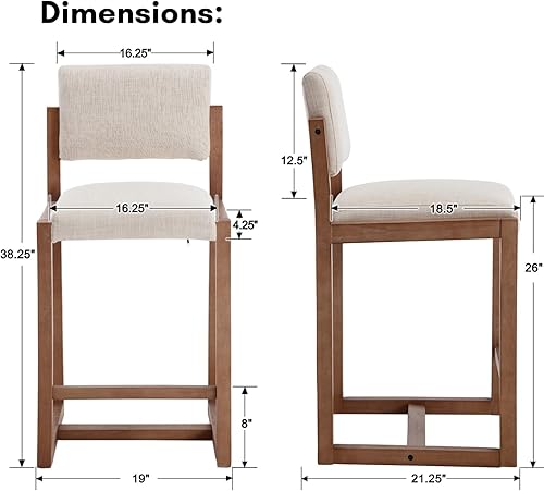 Miniatura 2 de LukeAlon Juego de 2 taburetes de mostrador de lino, tapizados de 26 pulgadas de altura de asiento, taburetes de bar con patas de madera, sillas de