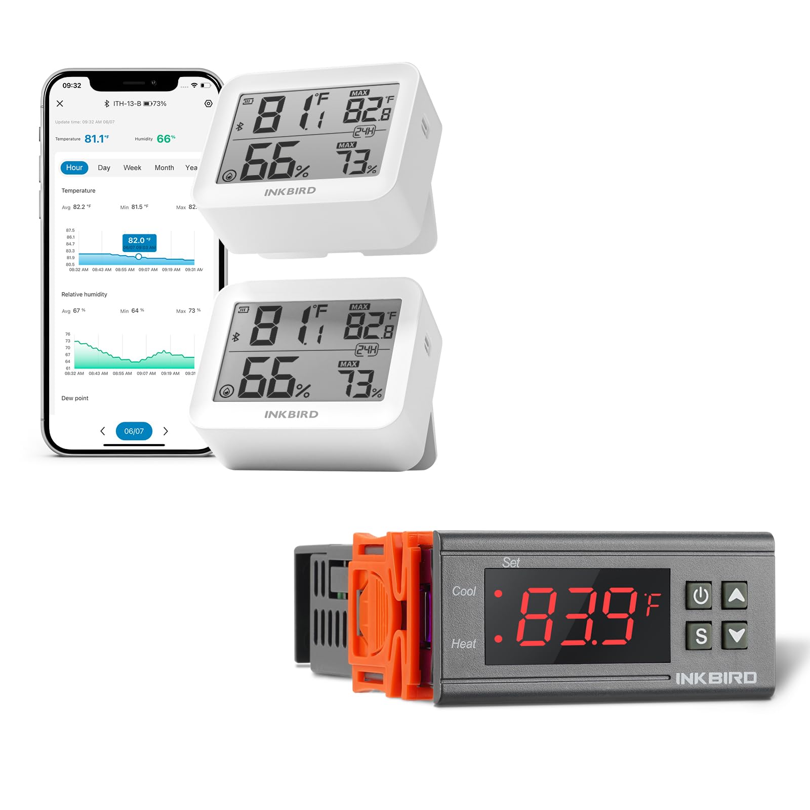 InkbirdITH-13-B Hygrometer Thermometer 2-Pack Bundle with Inkbird Temperature Controller ITC1000