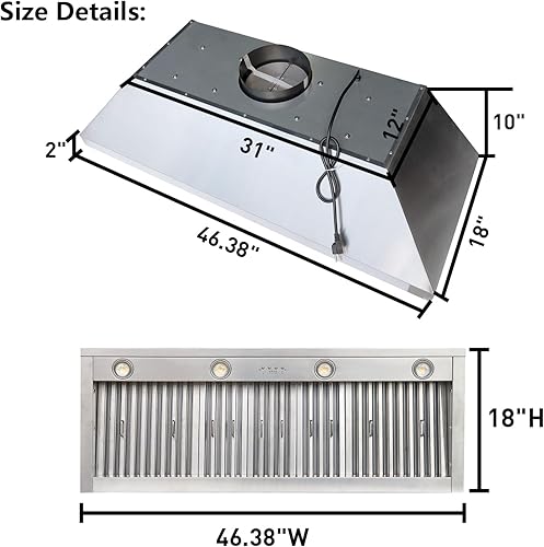 Miniatura 5 de Campana extractora integrada de 48 pulgadas, 1150 CFM, campana extractora de acero inoxidable para debajo del gabinete, campana de ventilación de