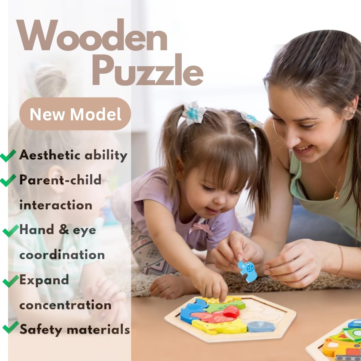 Holzpuzzle Für Kleinkinder – 5-teiliges Montessori Spielzeug Ab 2 Jahre | Lernspielzeug Tiere Formen Farben