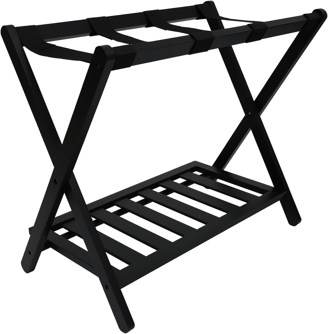 Foldable Double-layer Solid Wood Luggage Rack with Storage Shelf, Black Household Baggage Stand for Indoor Use and Guest Room Organizer