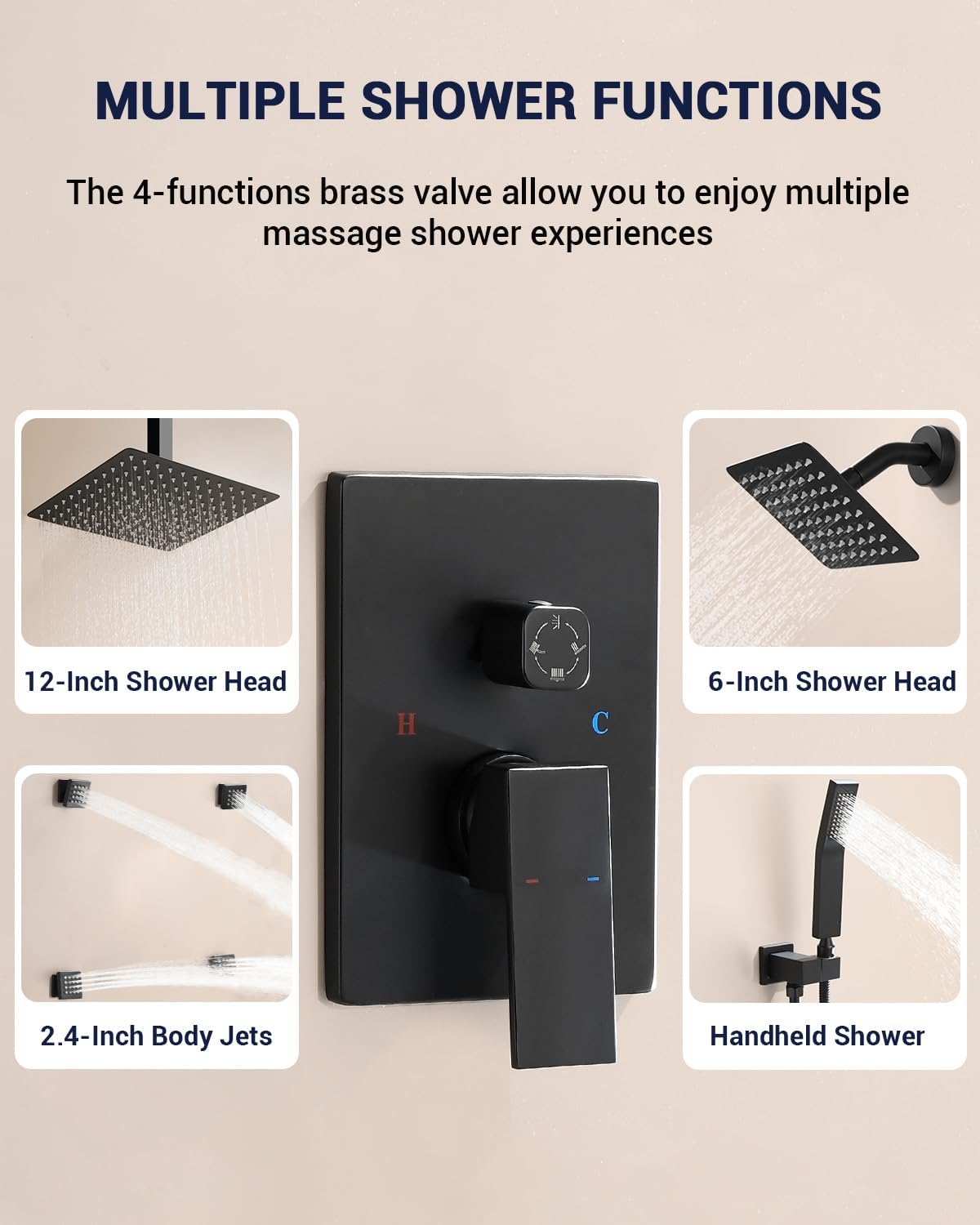 Dual Rainfall Shower Head System with 4 Body Jets, JetsBath Shower Faucet Set Double Shower Head 6-Inch Shower Head & 12” Rain Shower, Luxury Matte Black Shower Faucet Set,Wall-Mounted Shower System