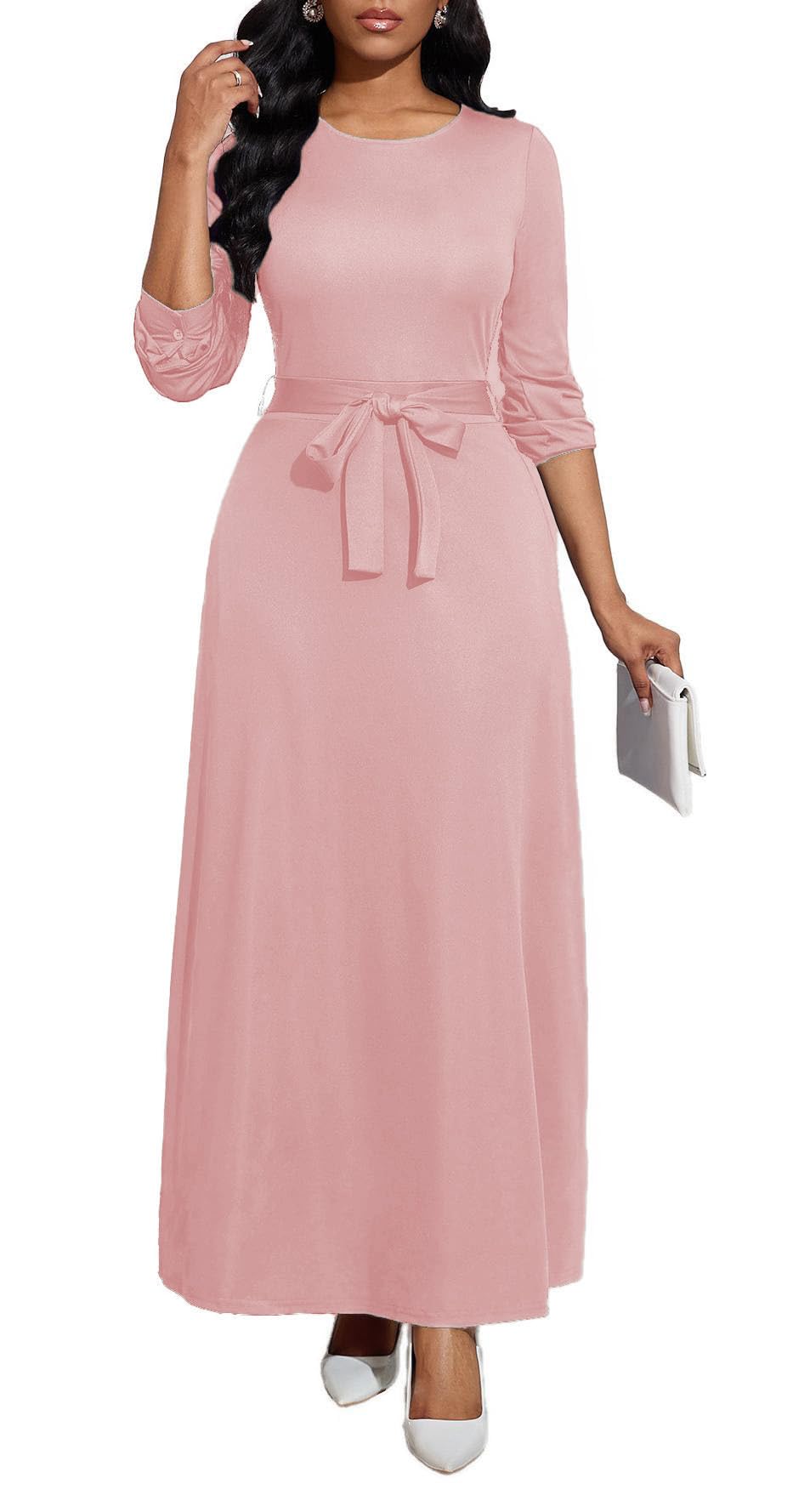 BubFee Long Dress for Women Casual Long Sleeve Dresses Maxi Dress Empire Waist Loose with Belt