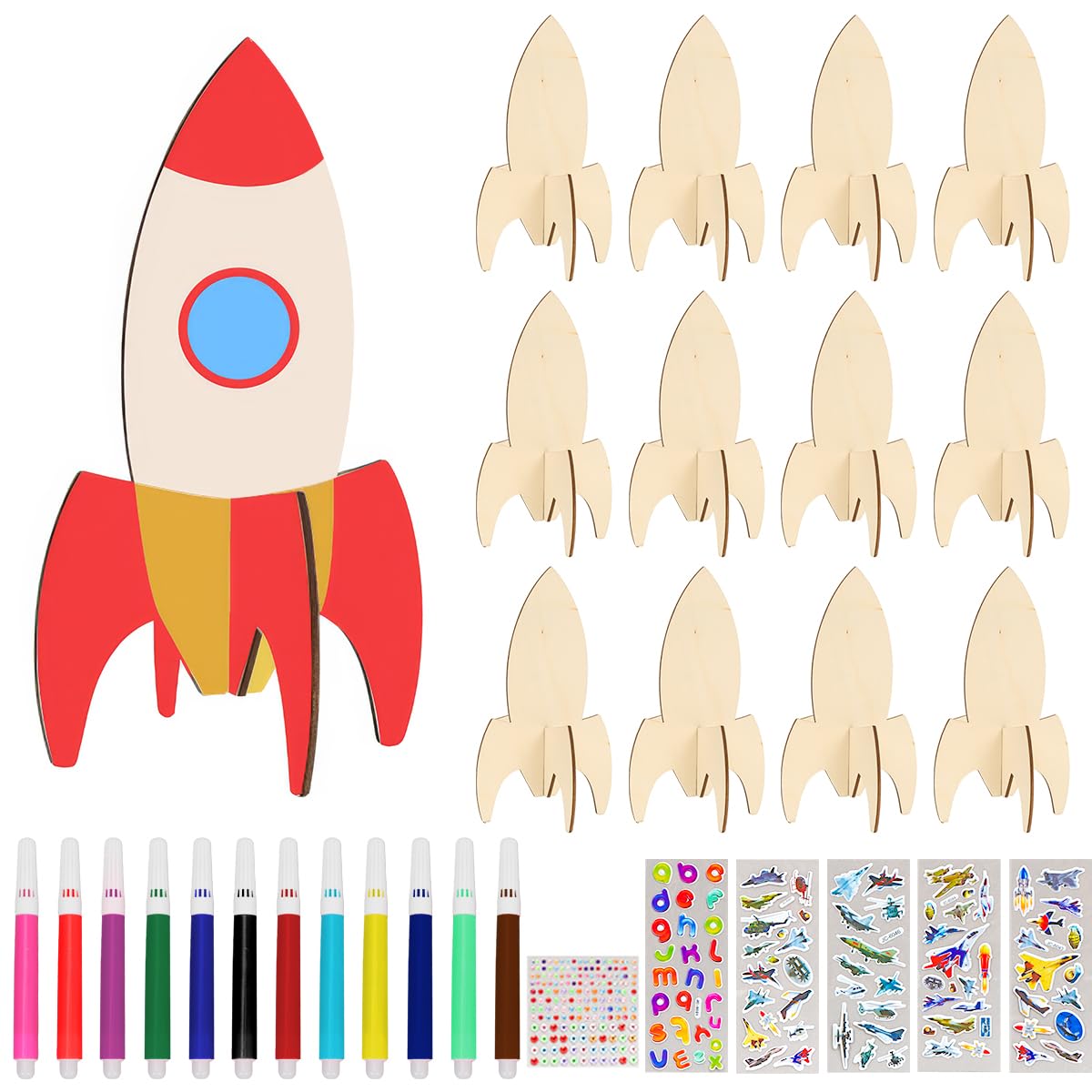 Augesak 12 Pieces DIY Wooden Rocket Kit for Children, DIY Painting Kit Rocket, Children's Craft, Wooden Craft Rockets Puzzle, Birthday Gift