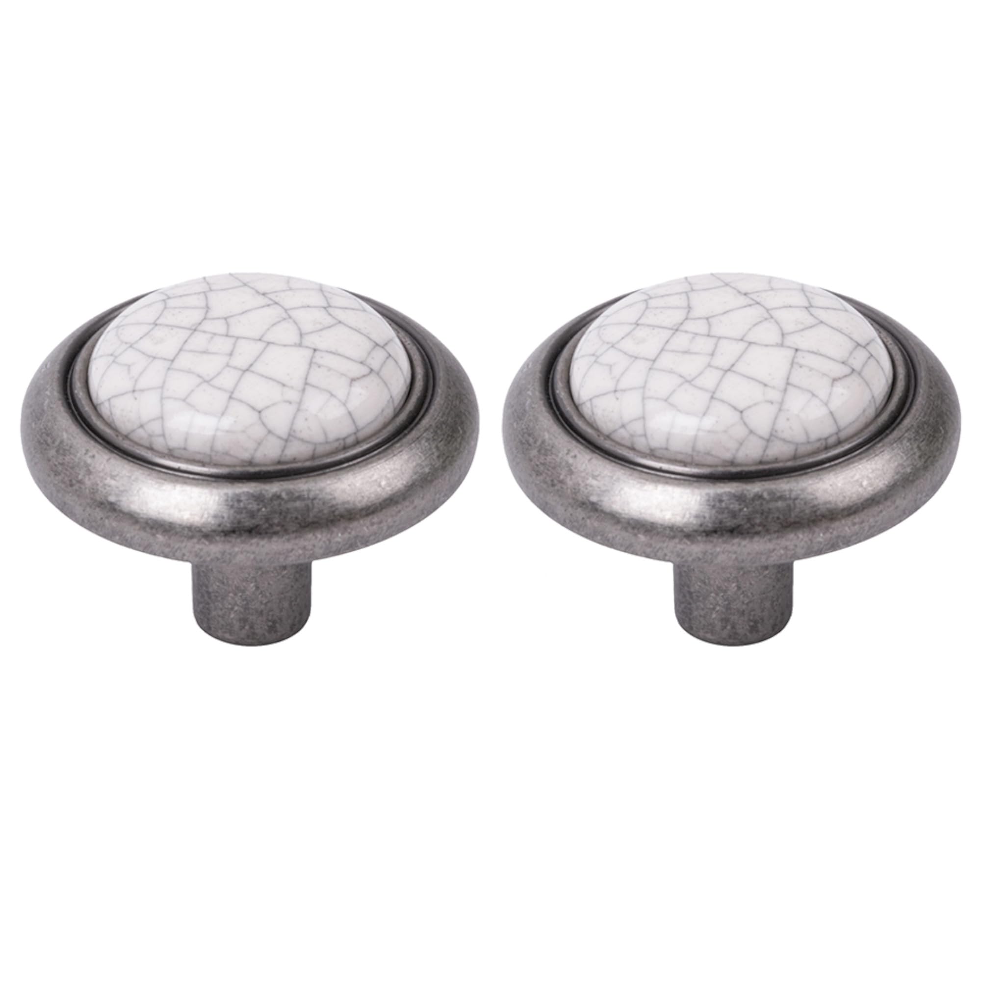 cyclingcolors 2 x Porcelain Ceramic 32mm Drawer Knobs - Vintage Antique Style Furniture Knobs - Door Handle, Dresser Handle, Cupboard Knob - Nickel Finish - Includes Screws