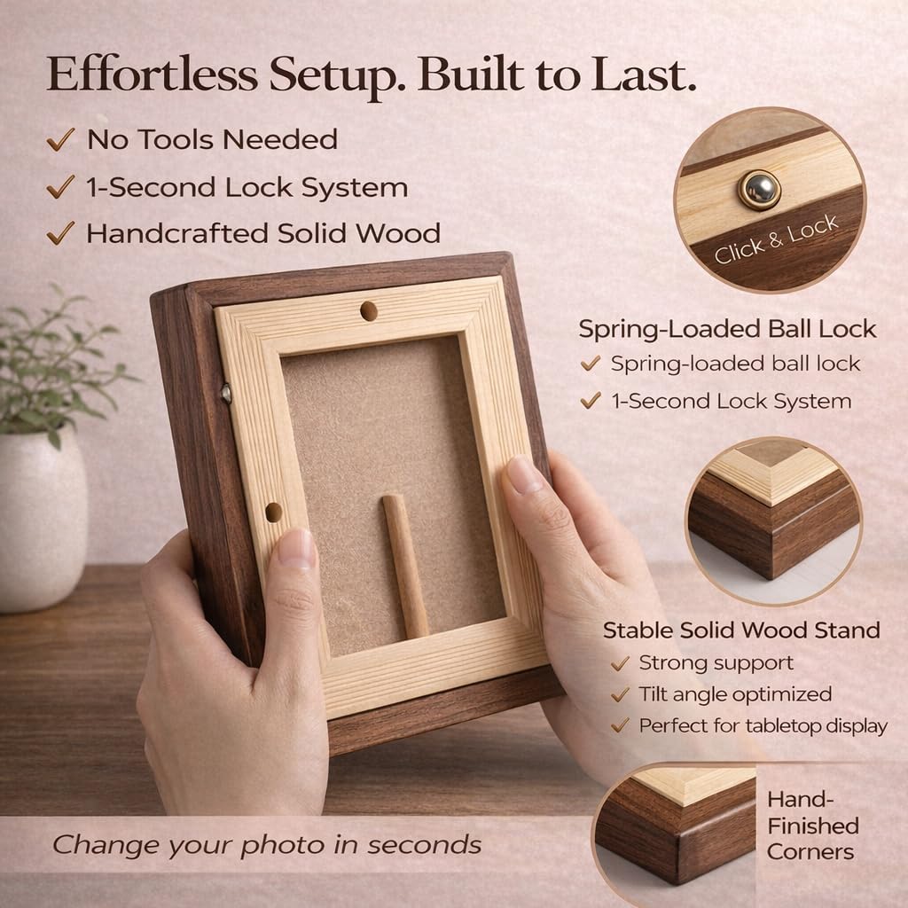 6x8 Picture Frame Solid Walnut Wood, Mortise and Tenon Joinery, Matted to 5x7, One Touch Clasp, Tempered Glass, Wall or Tabletop Photo Frame