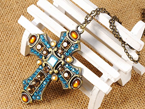 Image of Alilang Ornate Antique Golden Tone Colorful Rhinestone Cross Pendant Necklace