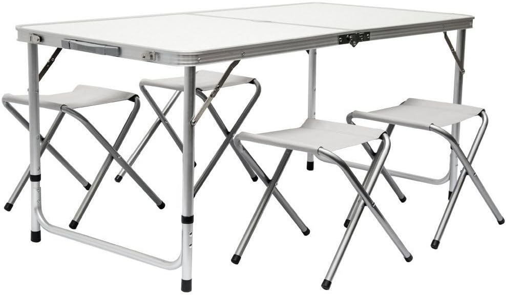 BAKAJI Folding Camping Table unfolded with four stools