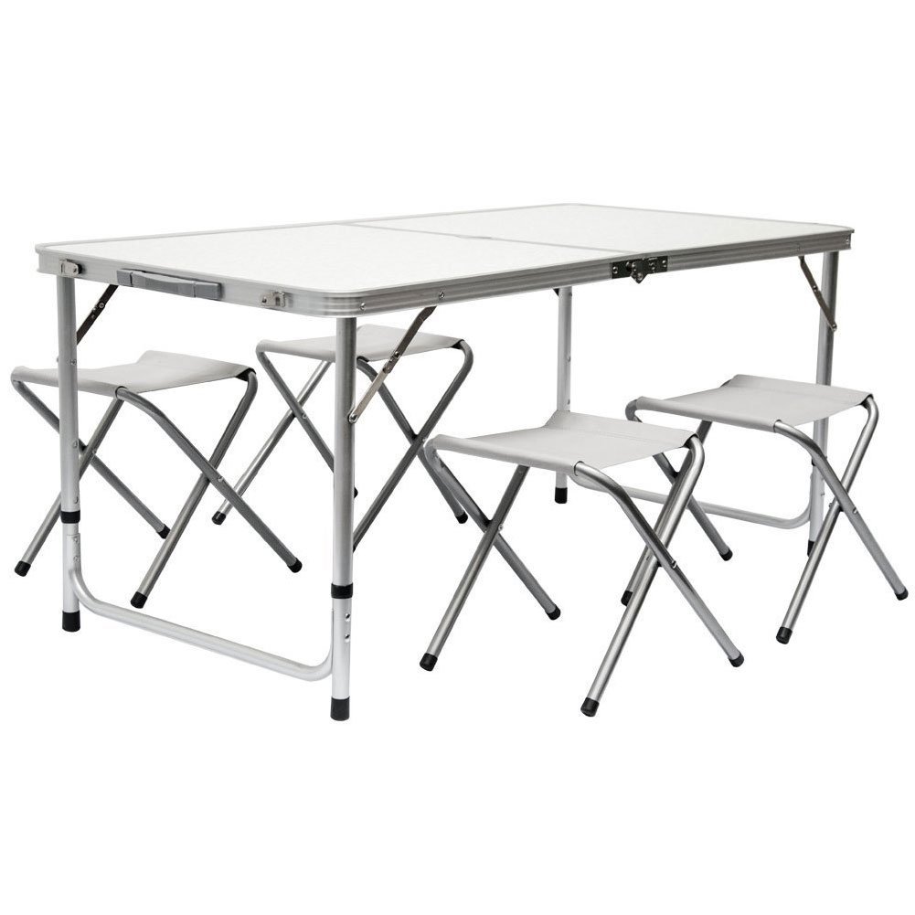 BAKAJI Set Tavolo Pieghevole con 4 Sedie Giardino, Campeggio, Picnic Richiudibile a Valigetta, Tavolino da Pranzo Altezza Regolabile e Maniglia Ergonomica per Trasporto Esterno Interno (Bianco)