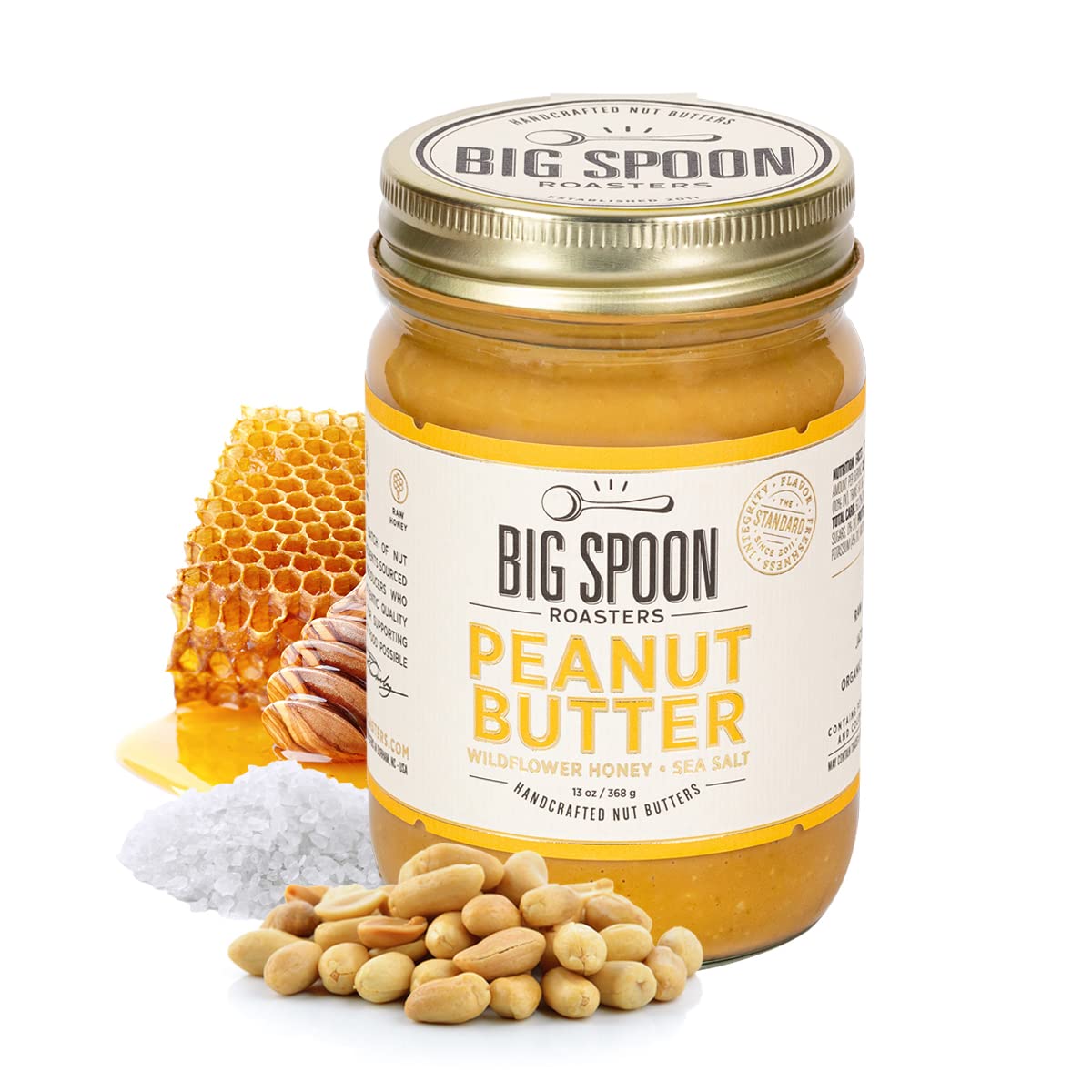 Big Spoon Roasters Peanut Butter with Wildflower Honey & Sea Salt - Low Sugar & Creamy Peanut Butter with Organic Raw Honey & Coconut Oil - Keto, Palm Free, & Natural - 13 Ounces
