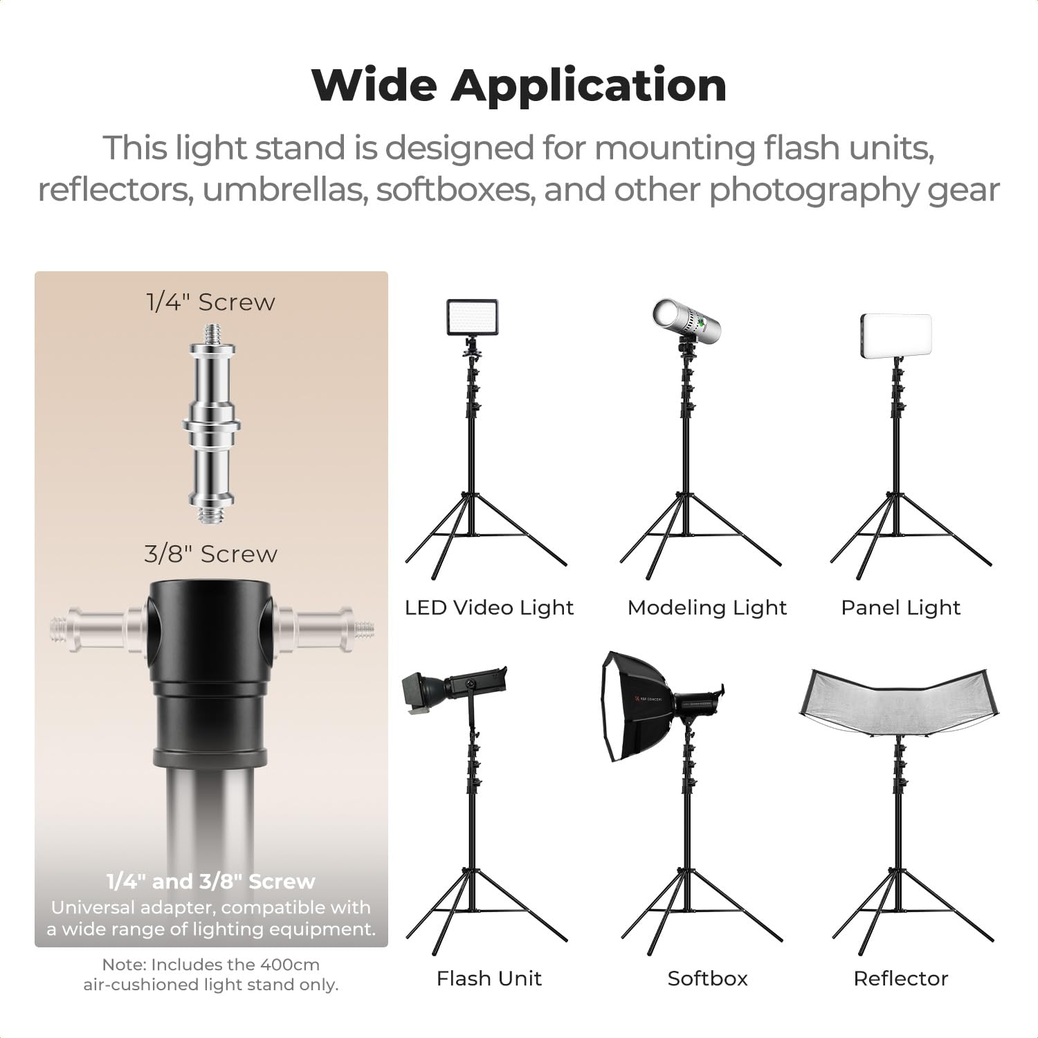 K&F CONCEPT Soporte de Luz de 4 m con Amortiguación de Aire, Trípode Metálico Resistente Carga 6 kg, Incluye Adaptador 3/8" y Bolsa, para Ring Light, Reflector y Vídeo