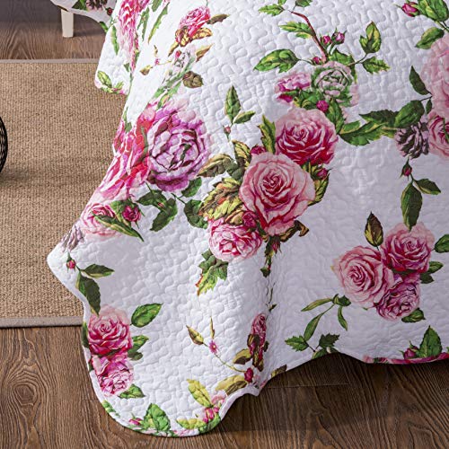 Dada Bedding Romantic Roses Floral Bedspread Set - Lovely Spring Pink & White Scalloped Colorful Lightweight Breathable - Bright Vibrant Quilted Coverlet W/Pillow Shams - Twin - 2-Pieces #TOP2
