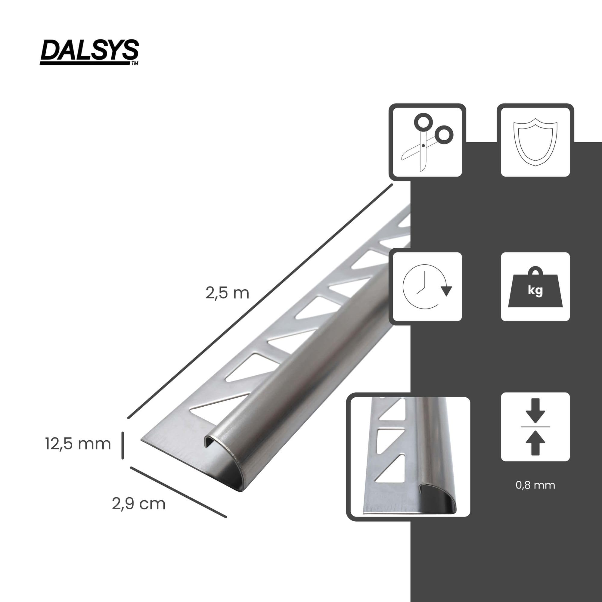 5x Fliesenschiene Viertelkreis 250cm x 12,5mm Edelstahl gebürstet