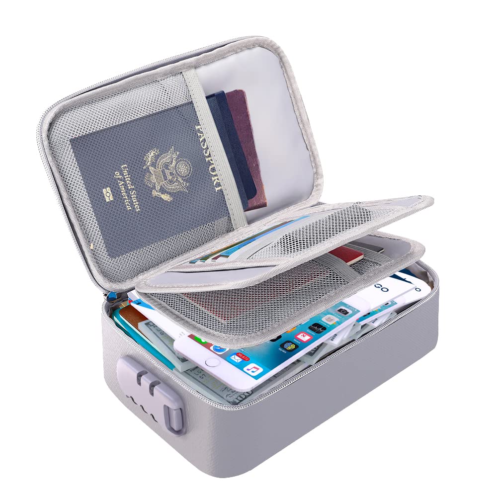 RIGIDRAY Small Fireproof Document Organizer, Super Handy, Portable 3 Layered Travel Document File Organizer with Lock, Silver Waterproof Document Storage File Box for Cash, Card, Passport, Bill