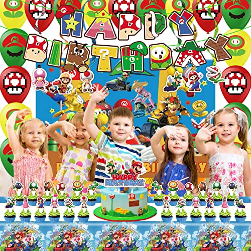 Mario Birthday Party Supplies - Mario Party Supplies Included Mario 18 Balloons, Backdrop, Banner, 6 Hanging Swirls, Tablecloth, 24 Cupcake Cake Toppers #TOP3
