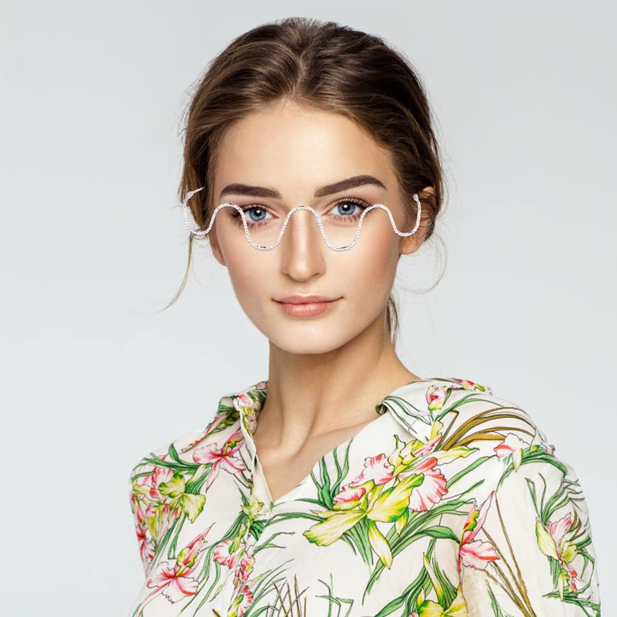 TENDYCOCO Diamond No Lens Glasses Frame Half Frame Rhinestone Squiggly Metal Eyewear for Women Fashion Accessories 6.22X5.51 Inches - Image 9