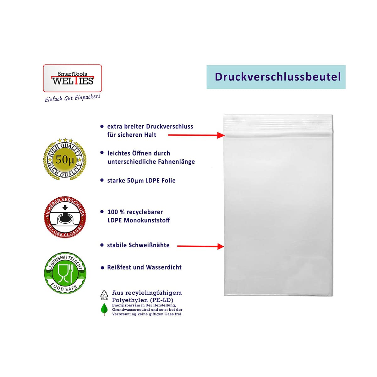 WeltiesSmartTools Druckverschlussbeutel 60x80mm - 1000 Stück Mit Euroloch