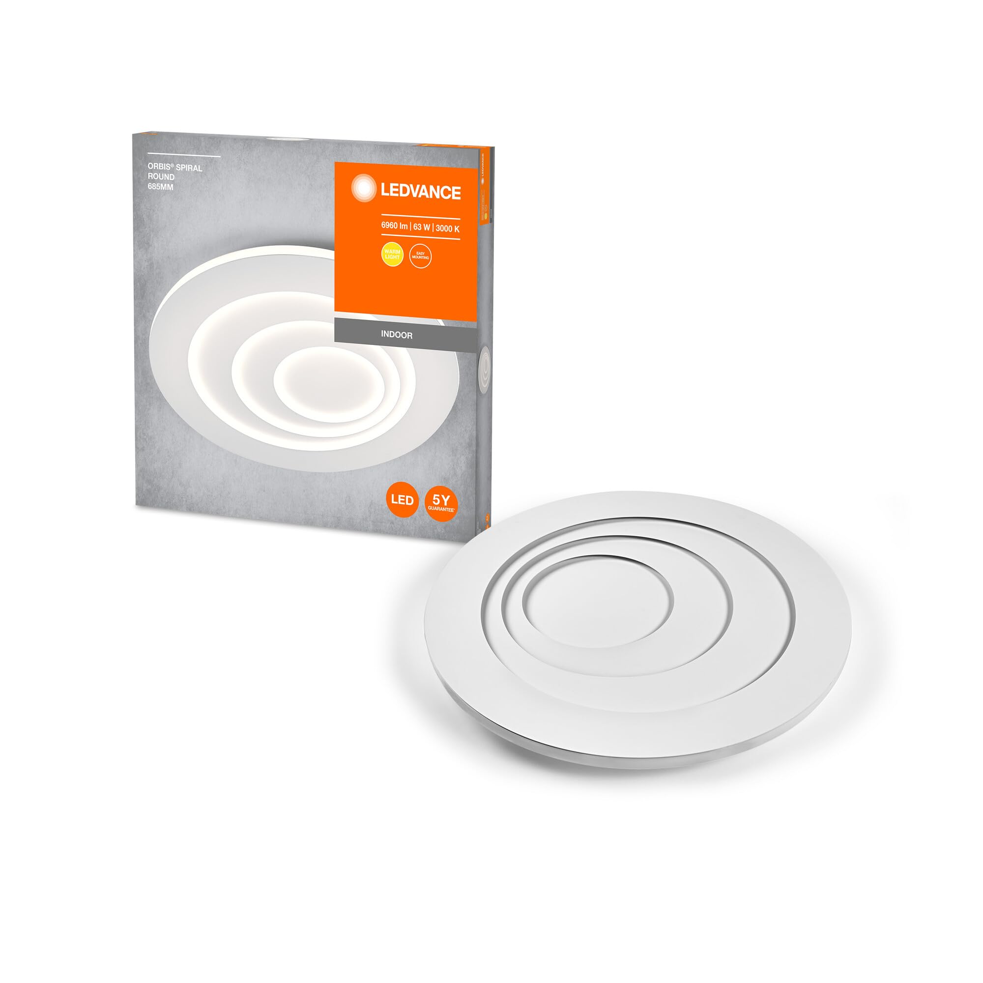 LEDVANCE Orbis Spiral Round Led Ceiling Light 685Mm, White, 63W, 5000Lm, Warm White Light Color, Effective Indirect Light Distribution, Long Life, Led Module, Round, Ip20, 3000K
