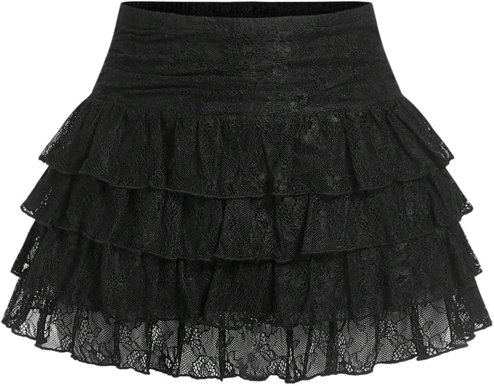 GORGLITTER Women's Lace Mini Skirts Y2k Trendy Holiday Layered Ruffle Country Concert Going Out Coquette Cute Skirts