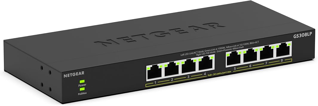 NETGEAR 8-Port PoE Gigabit Ethernet Unmanaged Essentials Switch GS308LP - with 8 x PoE+ @ 60W Upgradeable, Desktop, Wall Mount or Rack Mount