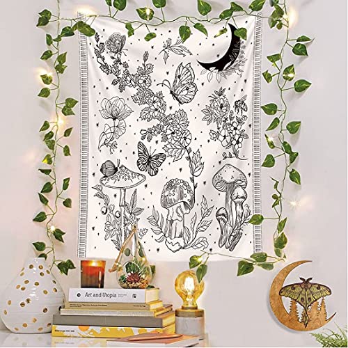 Lioop Boho Plant Tapestry,White Vertical Tapestry For Bedroom Aesthetic,Bohemian Mushroom Wall Decor Wall Hanging-51 X 59" #TOP2