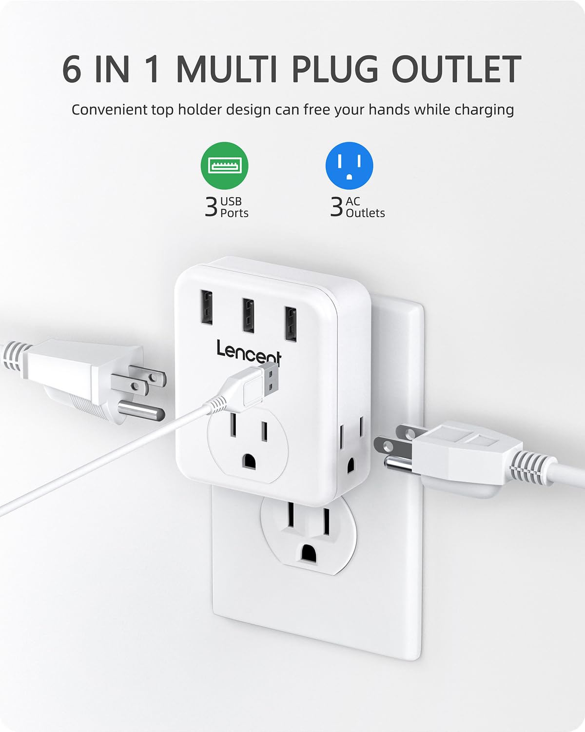 LENCENT Multi Plug Outlet Extender, 2 Pack, 3 Outlets Splitter with 3 USB Ports, USB Brick, Wall Charger, 3 Prong Power Charging Box Expander for Home, Office, Hotel - White