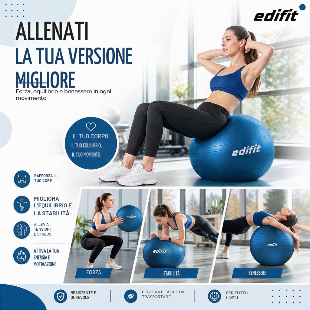 EDIFIT Palla Fitness, Pilates Attrezzi Casa, Incluso il Gonfiatore, Fitball, Yoga Accessori, Palla Gravidanza, Ginnastica Ritmica
