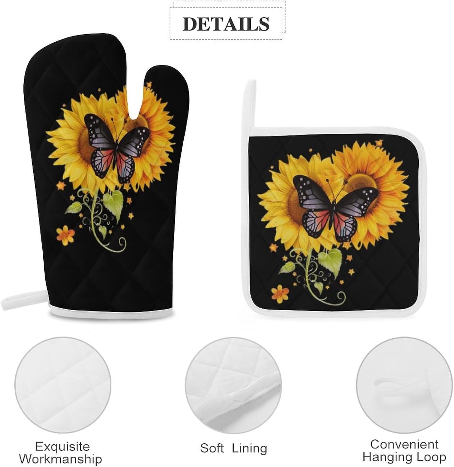 Sunflower Butterfly 4 Pcs Oven Mitts and Pot Holders Set High Heat Resistant Long Kitchen Oven Glove Potholders