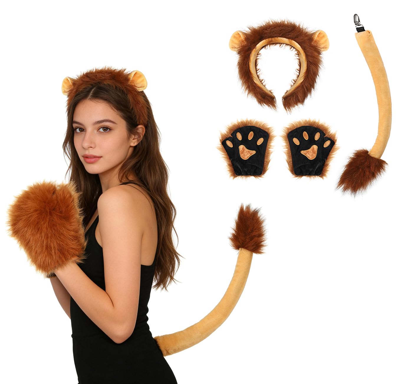 QCHOMEE Lion Wolf Ears Tail Claws Gloves Set Adult Wolf Lion Tiger Animal Ears Hairband Tail Paws Gloves Suit Cute Animal Cosplay Headwear Fancy Dress Up Halloween Party Role Play Costume Accessories