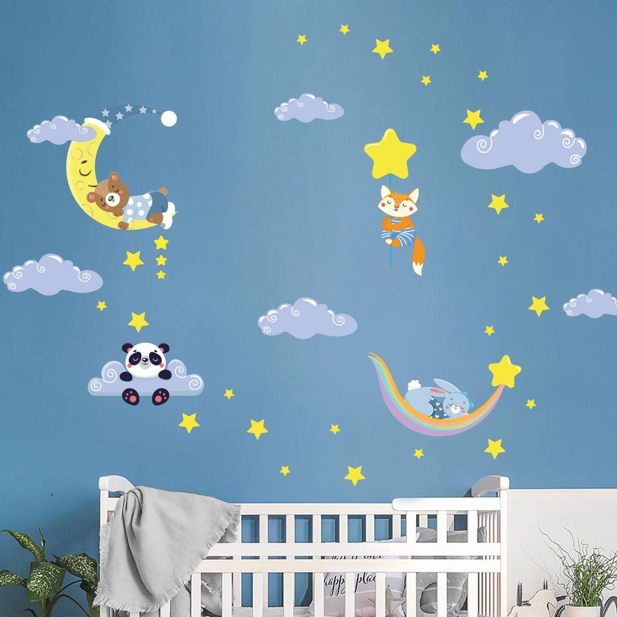 Adesivi murali per bambini, decorazione per la cameretta dei bambini, adesivi da parete scandinavo, adesivi da parete con animali nel cielo e le nuvole, 120 x 180 cm