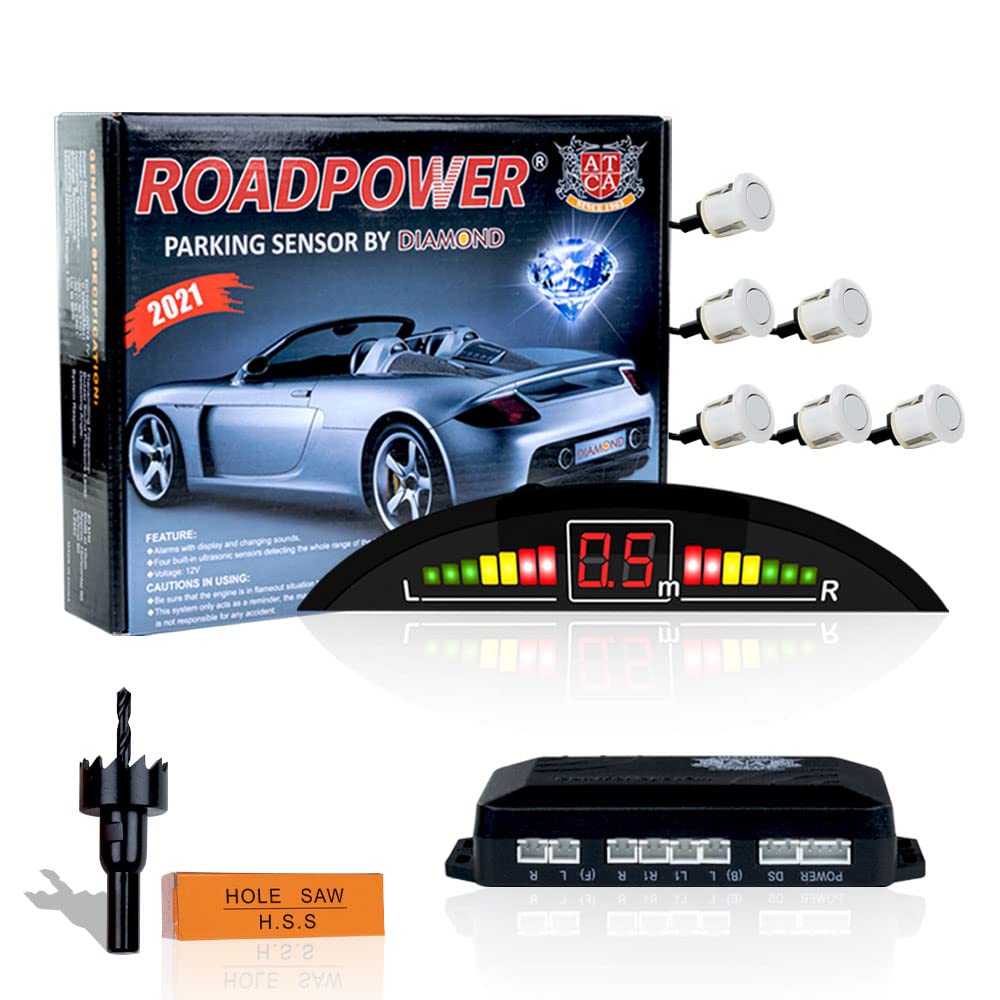 ROADPOWER Car Auto Vehicle Reverse Backup Radar System with 6 Parking Sensors Distance Detection + LED Distance Display + Sound Warning (White, 6 Parking Sensors)