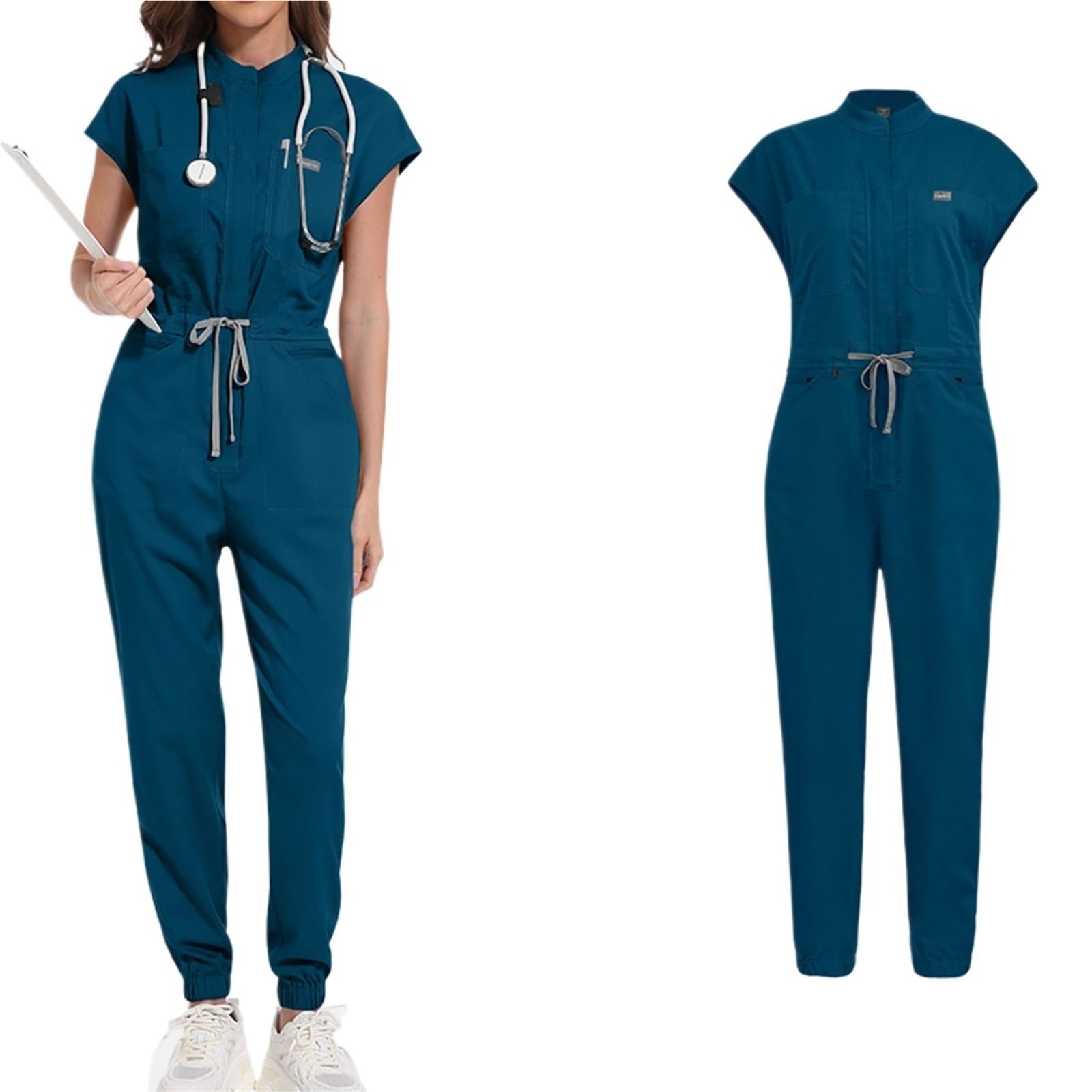 Mono de enfermera for mujer, cuello levantado, sin mangas, cordón en la cintura, uniforme médico con múltiples bolsillos, ropa de trabajo for el cuidado de la salud Para Uso Hospitalario