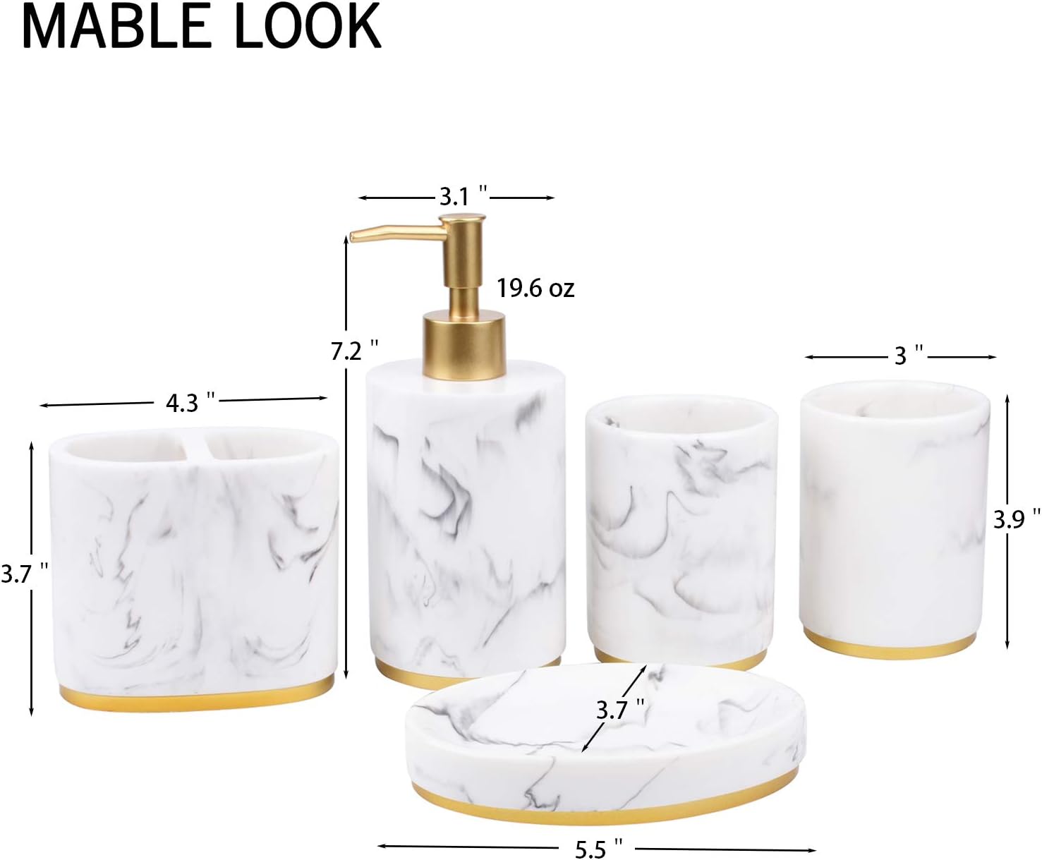Bathroom Accessories Set 5 Piece, Resin Bathroom Set White and Gold Accessories with Toothbrush Holder, Soap Dispenser, Soap Dish, Tumbler Cup, Marble Pattern Bathroom Gift Set