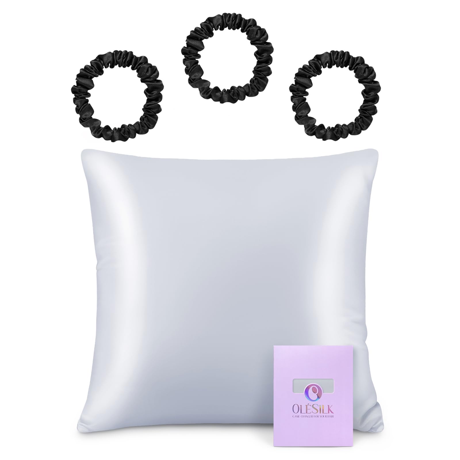 OLESILK 3er-Set 100% Seide Haargummis Kleine Scrunchies Schwarz + Seide Kissenbezug Haar- und Hautpflege 40x40cm 1 Stück Silbergrau
