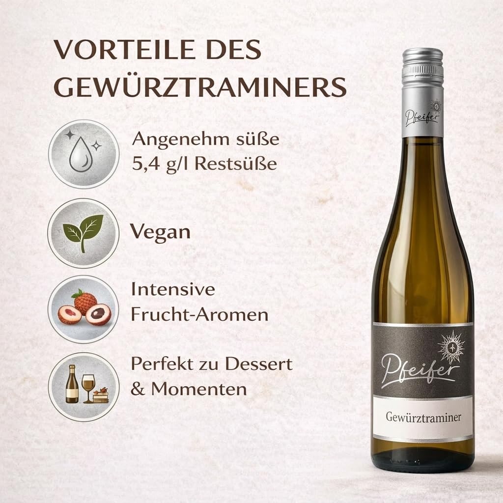Gewürztraminer Trocken Weißwein 6x 0,75L – Trockener Weißwein Frisch & Aromatisch – Wenig Restsüße (5,4 g/l) – Perfekt zu Fisch, Geflügel & Asiatischer Küche – Eleganter Speisebegleiter