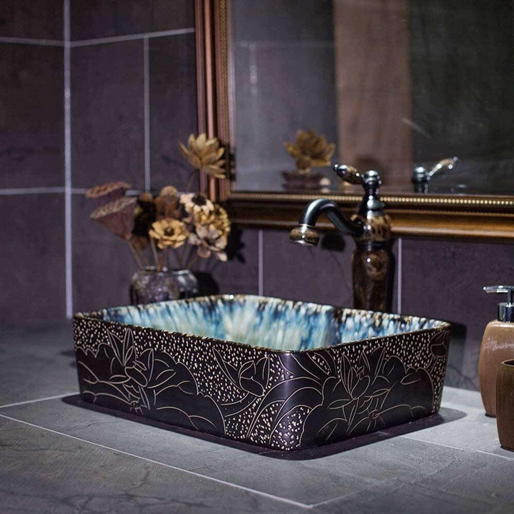 Szafka Pod Umywalkę Z Umywalką, Umywalka Nablatowa, Prostokątna Ceramiczna Umywalka Nablatowa Łazienkowa 17-Calowa Artystyczna Porcelanowa Miska Nablatowa