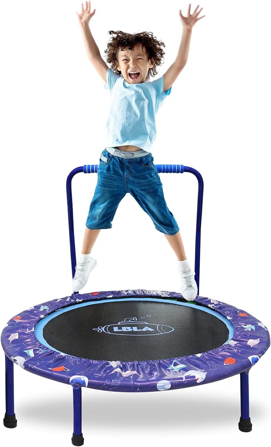 38 Inch Trampoline for Kids Folding Mini Toddler Trampoline with Handle Safety Protective Pad Cover Jumping Mat Indoor/Outdoor Round Bounce Jumper Best Gift Shark Pattern