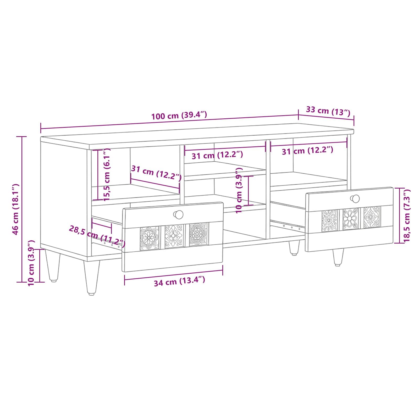 Mobile TV in legno massello di mango naturale, 100 x 33 x 46 cm, con ripiano e cassetti, per soggiorno, home theater, gaming, CD e DVD