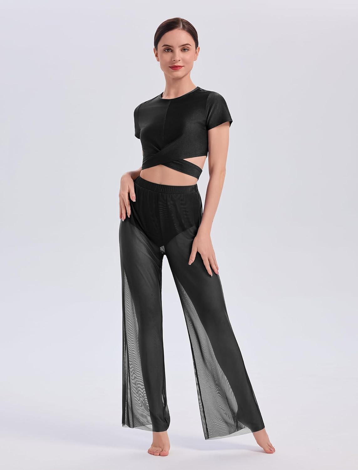 AFAVOM Modern Contemporary Dance Costumes for Women Short Sleeve Wrap Crop Top + Mesh Sheer Pants 2PCS Lyrical Ballet Outfits