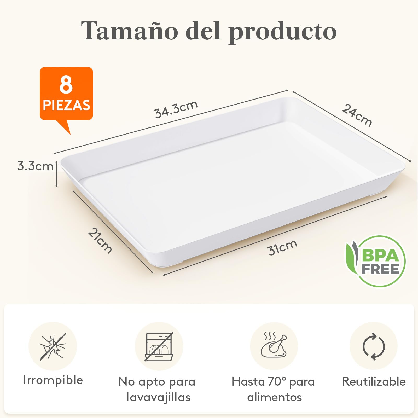 Lifewit Bandejas para Servir Comida, Bandeja Rectangular Decorativas para Cocina, Tabuleiro Plastico Reutilizable Sin BPA, para Fiestas, Baño, Mesa Dulce Accesorios, Blancos, 34,3 x 24 cm,Paquete de 8