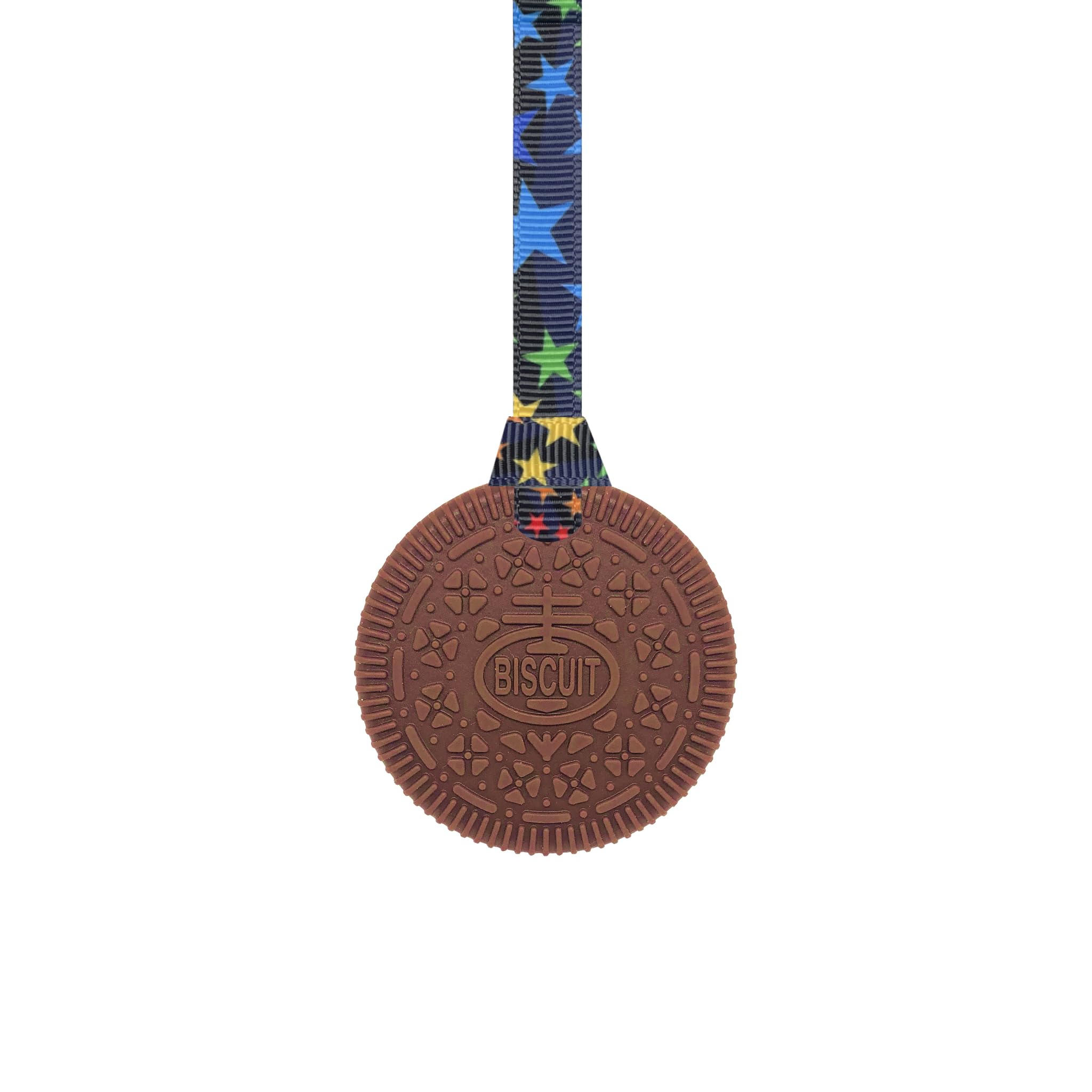 Sensory Oojamabobs - Biscuit Pendant chew Necklace - Autism - Brown & White with Lanyard (8 Designs Available!) (70cm, Black Stars)