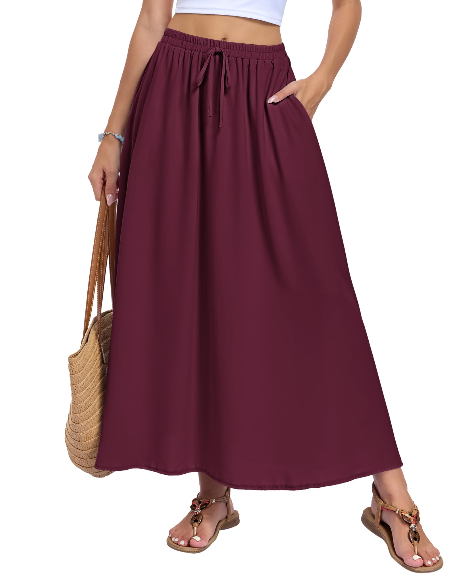 AUSELILY Damen Rock Lang mit Taschen Hohe Taille A-Linie Maxirock Elastisch Kordelzug Sommer Boho Röcke Casual Flowy Strandrock