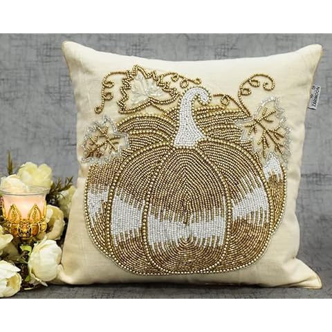 ZARIMOON ALL SIZES Cream gold Beaded Pillow Cover Pumpkin Velvet Handmade Halloween Luxury Contemporary Embroidered Embellished Custom Accent Cushion (14x14) Cover